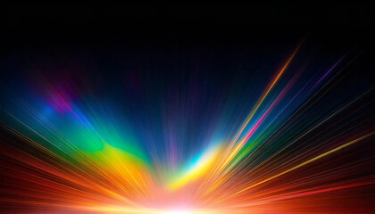 Obraz premium 黒の背景に虹色のプリズムライト。虹色の光。太陽光のプリズム効果の抽象的な屈折。Rainbow prism light on a black background. Rainbow light. Abstract refraction of sunlight prism effect.