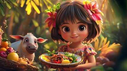 Adorable Cartoon Girl Offering a Plate of Food with a Cute Animal Companion in a Lush Garden Setting