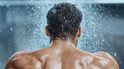 Muscular man under shower with water droplets glistening on skin
