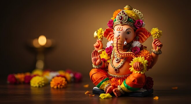 Beautiful Lord Ganesha Statue Decorated with Flowers - Powered by Adobe