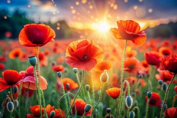 Fototapeta premium Vibrant Red Poppy Field with Bokeh, Shallow Depth of Field, Summer Flowers