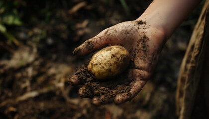 Hand little girl bring potato vegetable after harvesting on garden activity