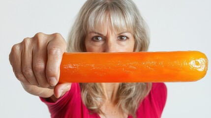 Confident woman holding a vibrant orange popsicle