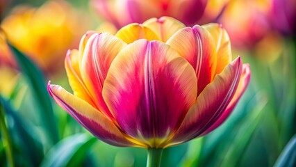Naklejka premium Vibrant Yellow and Pink Tulip Bloom, Macro Shot, High Depth of Field
