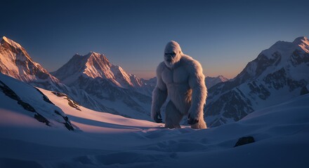 Majestic Yeti in Snowy Mountain Landscape at Sunset