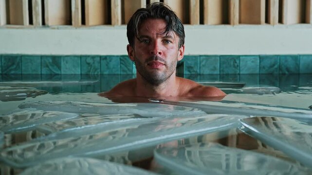 Attractive Man Dives into Cold Water of Swimming Pool with Ice Cubes for Body Health. Healthy Person in Bathtub Full of Chilled Liquid. Recovery Routine of One Strong Sportsman Using Icy Bath Close Up