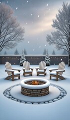 Cozy Fire Pit Surrounded by Snow-Covered Chairs on a Winter Evening. Generative AI