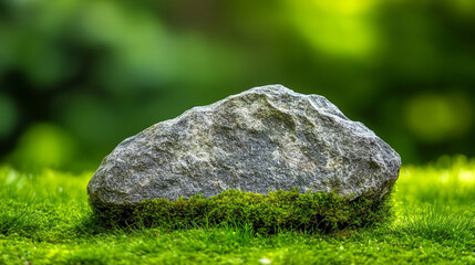 A large moss-covered rock rests serenely in a vibrant green forest, symbolizing stability and timelessness. Modern blurred empty caption space adds a contemporary, minimalist contrast.

