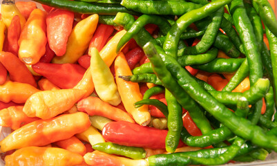 a bunch of green chilies and red chilies