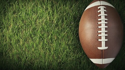 Obraz premium American Football Ball on Green Grass Field, Highlighting the Texture and Detail of the Ball with Natural Outdoor Lighting 