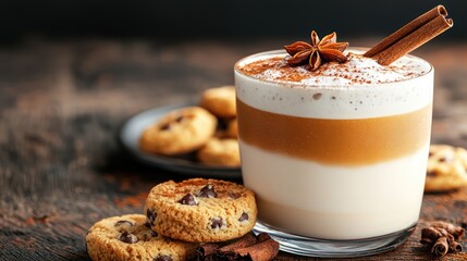 A layered drink topped with spices, accompanied by chocolate chip cookies on a wooden table.