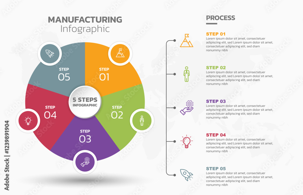 Poster Visual data presentation. Cycle diagram with 5 options. Pie Chart Circle infographic template with 5 steps, options, parts, segments. Business concept. Marketing infographic vector illustration.