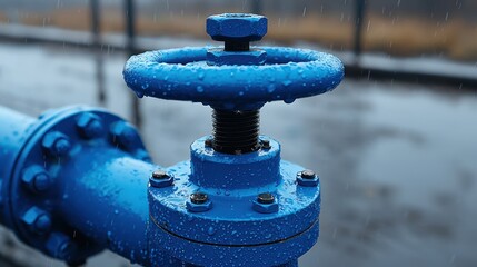 A close-up of a blue valve on a pipe, glistening with rainwater.