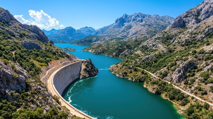 A scenic view of a dam surrounded by mountains and a river under a clear blue sky.