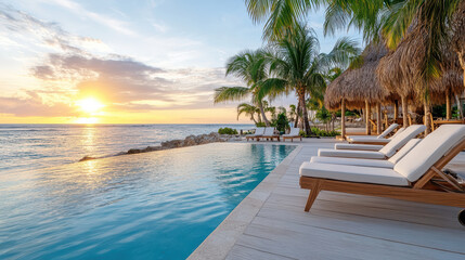 tropical resort with infinity pool, palm trees, and sunset views