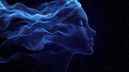 Serene ethereal woman profile with flowing digital hair.