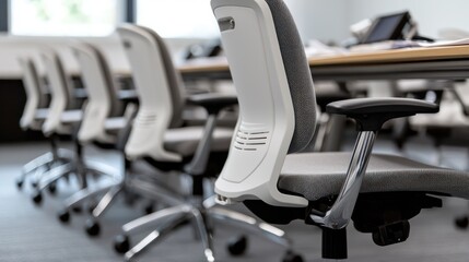 Modern office space featuring ergonomic chairs arranged around a conference table.
