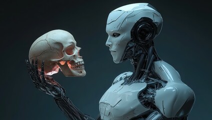 Futuristic Robot Holding Human Skull Concept of Artificial Intelligence and Technology