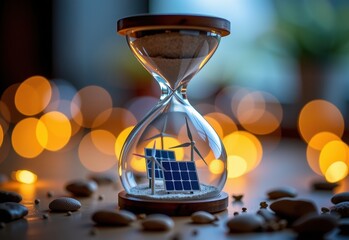 An hourglass filled with sand, miniature solar panels wind turbines and a house, symbolizing the urgency of sustainable energy solutions and a sustainable future.