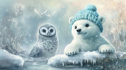 Obraz premium 9.A charming scene with a baby polar bear in a pastel blue hat, a curious seal peeking out of icy water, and an owl with delicate feather detailing perched against a misty winter sky in gentle