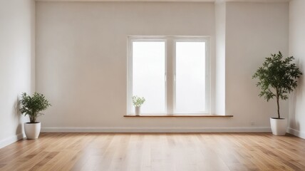 Bright Minimalist Empty Room with Hardwood Floor and Potted Plants by Window