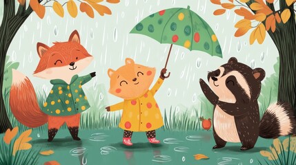 69.A cheerful group of woodland animals, including a fox twirling an umbrella, a hedgehog in a polka-dot raincoat, a bear stomping in puddles with boots, and a raccoon holding a bright green
