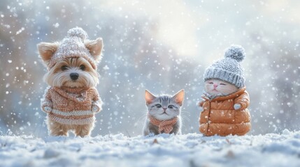 50.A cheerful winter scene featuring a fluffy dog in a knitted sweater and scarf, a piglet wearing a woolen hat and cozy coat, and a cat bundled up in a puffy jacket, all standing in a snowy field