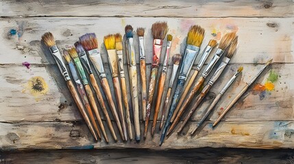 Fototapeta premium Watercolor Painting Brushes Arranged on Wooden Surface