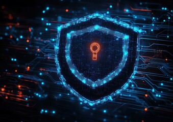 Futuristic Cybersecurity Shield Digital Icon in Cyberpunk Style