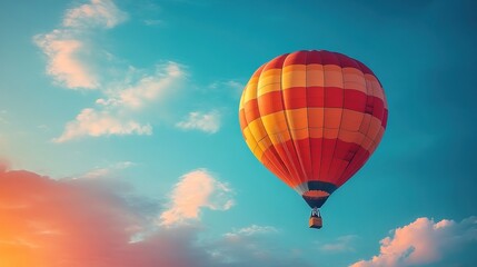 Fototapeta premium Colorful hot air balloon soars at sunset over clouds