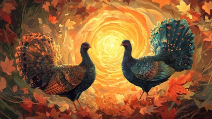 Fototapeta premium 33.A Thanksgiving-themed composition showcasing two turkeys with vibrant, patterned plumage in warm tones, set against a swirling backdrop of autumn leaves and a glowing sunset-inspired palette.