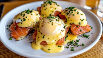 A plate of eggs benedict with salmon, topped with hollandaise sauce and chives.