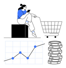 Woman sitting with smartphone, shopping cart, coin stack, and graph depicting upward growth. Ideal for e-commerce, budgeting, analytics, shopping habits, online retail financial planning abstract