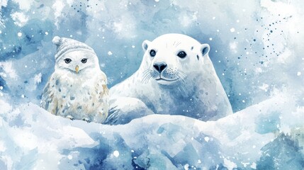 Fototapeta premium 12.A cozy winter collection of animals painted in watercolor, showcasing a seal with gentle shadows, a polar bear with a warm hat, and an owl with piercing eyes, set amidst a frosty blue and white