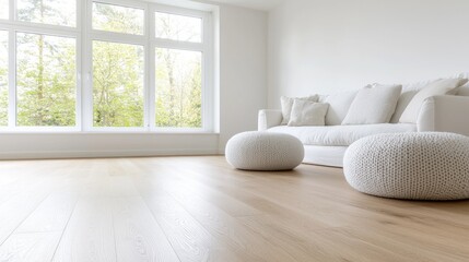 Modern minimalist living room, sunlight, white sofa, wooden floor, home interior design