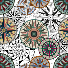 Seamless vector pattern with colorful compass, marine objects, antique navigational devices. Vintage transportation and old adventures concept. No foreign language, all symbols are fictional