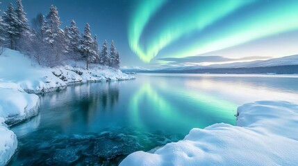 Naklejka premium A beautiful lake with a bright aurora in the sky