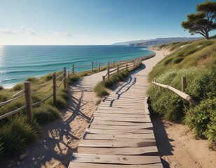 Fototapeta premium Coastal wooden path winding along the seafront, marine, seascape