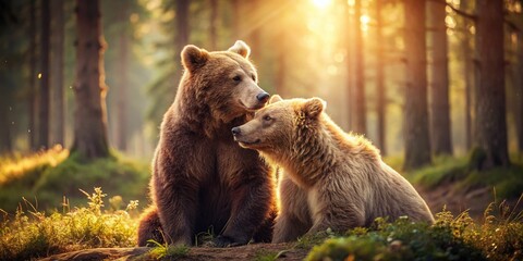 Vintage Style Photo of a Loving Bear Couple in a Romantic Forest Setting