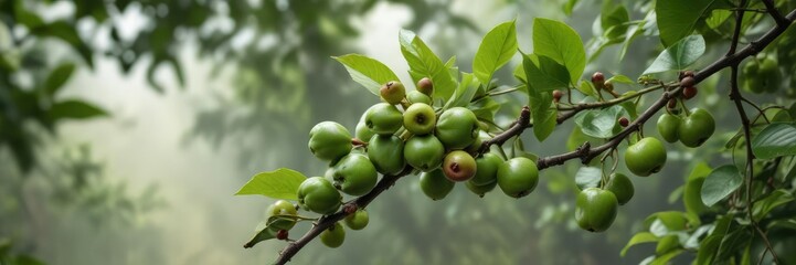 Coffee tree branch with small green coffee cherries, greenery, foliage, nature
