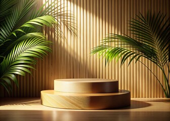 Fototapeta premium Vintage Style Wood Podium Product Display Mockup with Palm Leaf Shadow on Beige Curtain