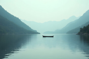 Serene mountain lake with misty peaks and single canoe under soft light
