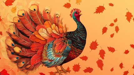 Fototapeta premium 32.A festive illustration of a stylized turkey with an intricate fan of multicolored feathers in shades of red, orange, and gold, surrounded by falling maple leaves on a soft gradient orange