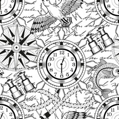 Seamless vector pattern with compass, binoculars, marine objects, navigational devices on white. Vintage transportation and old adventures concept. No foreign language, all symbols are fictional