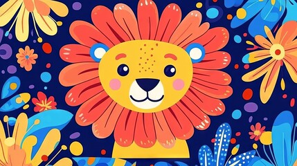 Fototapeta premium 96.A fun educational flashcard depicting a lion with exaggerated features like a large circular mane and round eyes, surrounded by simple shapes and patterns for kids to trace and fill with bright