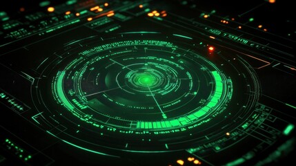 Futuristic Radar Interface with Glowing Green Elements and High Contrast Lighting in a Cyberpunk Style