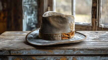 A hat with a brown band sits on a wooden table