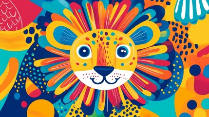 96.A fun educational flashcard depicting a lion with exaggerated features like a large circular mane and round eyes, surrounded by simple shapes and patterns for kids to trace and fill with bright