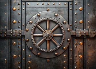 Fototapeta premium Steampunk Vintage Vault Door Close-Up with Intricate Rivets and Wheel Handle