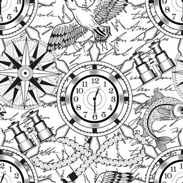 Seamless vector pattern with compass, binoculars, marine objects, navigational devices on white. Vintage transportation and old adventures concept. No foreign language, all symbols are fictional